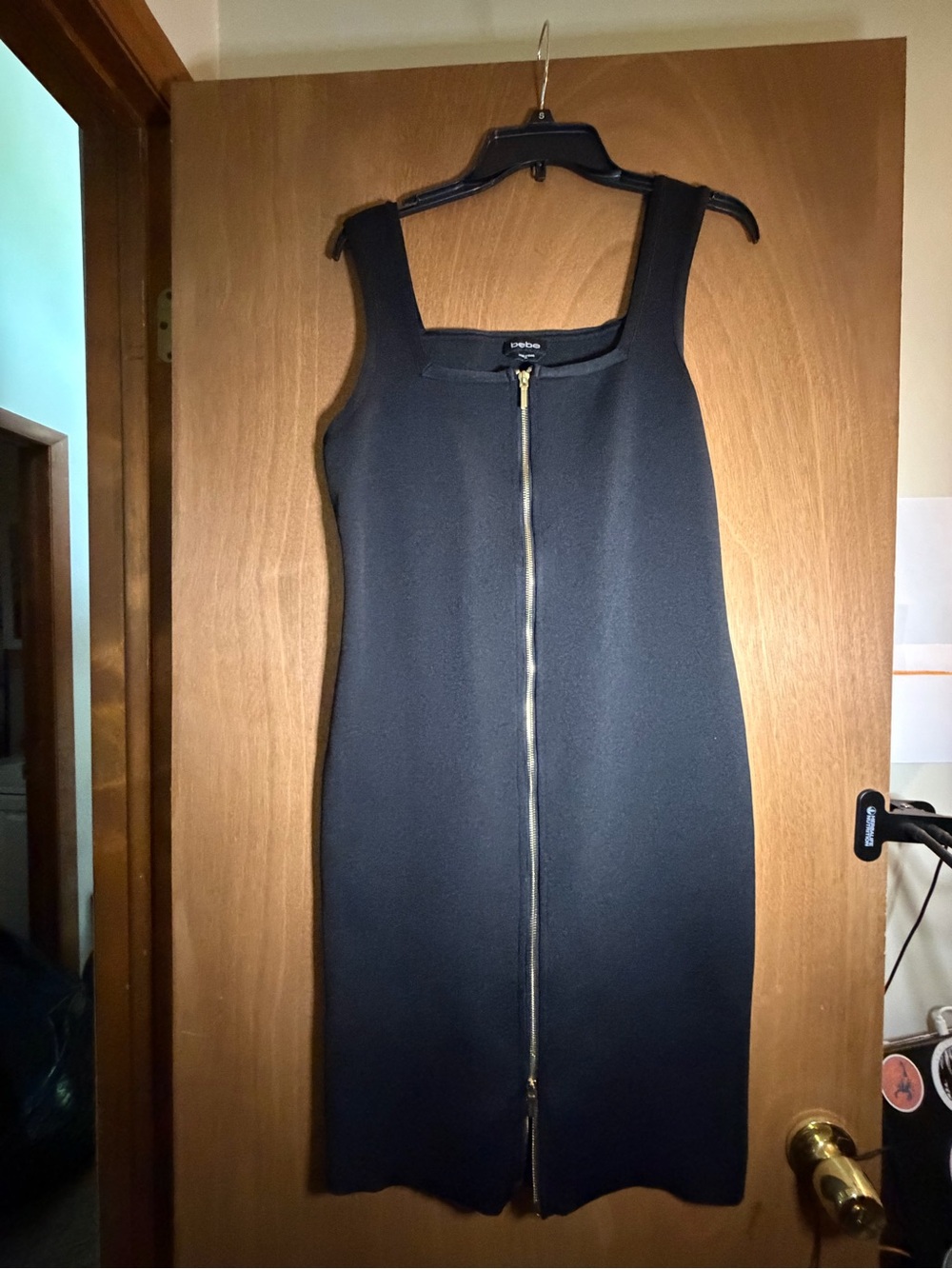 bebe Black Midi Zip-Front Sheath Dress